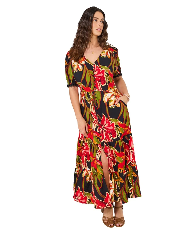 Joe Browns Women's V Neck Bold Floral Print Maxi Dress, Relaxed, Black, UK 18
