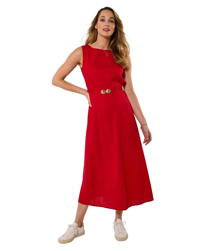 Joe Browns Women's Linen Blend Elegant Boat Neck Belted Dress, Slim, Red, UK 14