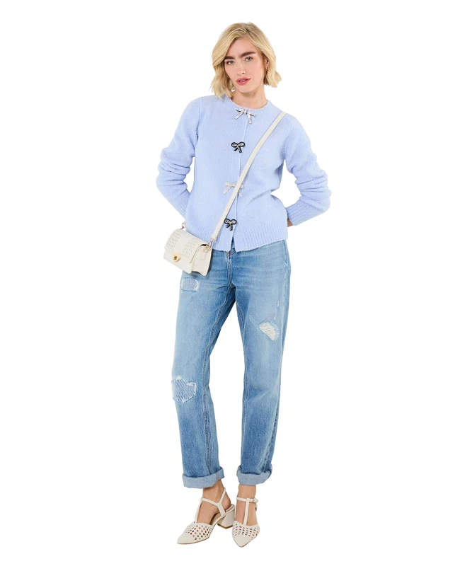 Joe Browns Women's Bow Popper Button Cardigan, Regular, Blue, UK 8