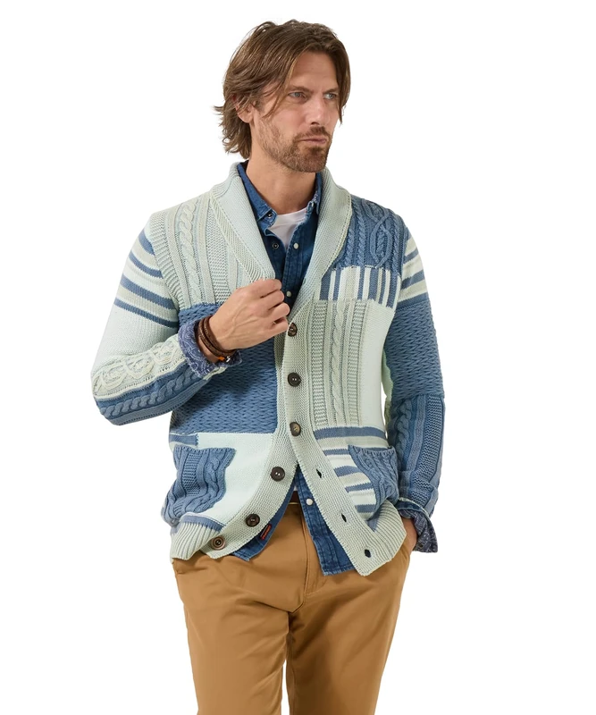 Joe Browns Men's Mixed Knit Patchwork Cardigan, Regular, Blue, UK L
