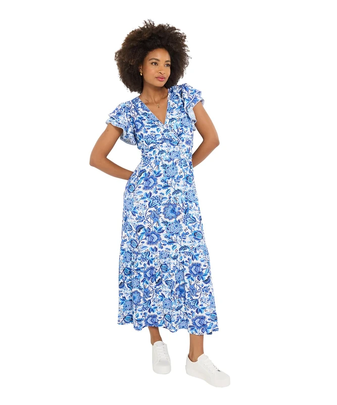 Joe Browns Women's V Neck Floral Shirred Waist Maxi Dress, Regular, Blue, UK 14