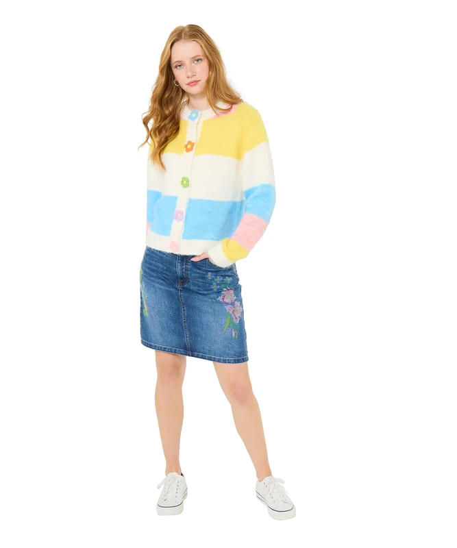 Joe Browns Women's Stripe Flower Popper Button Cardigan, Regular, Cream, UK 14