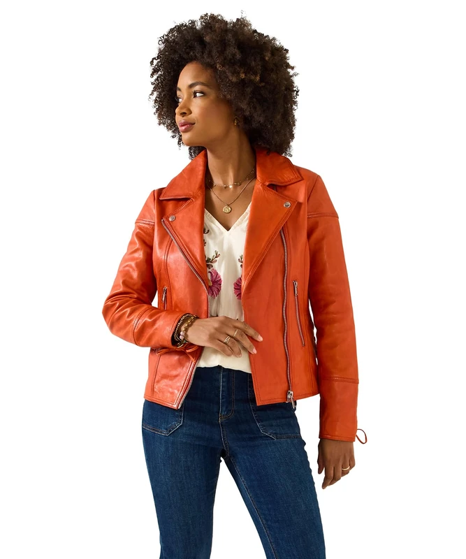 Joe Browns Women's Bold Soft Leather Collared Biker Jacket, Regular, Orange, UK 22 - Image 1