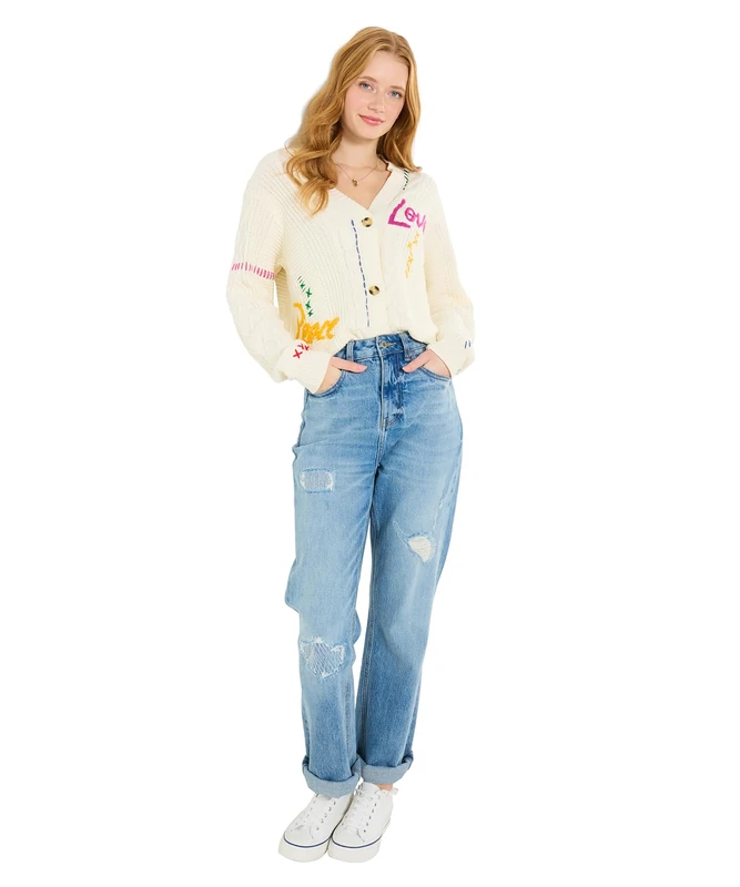 Joe Browns Women's Oversized Embroidered Cable Knit Cardigan, Oversized, Cream, UK 8