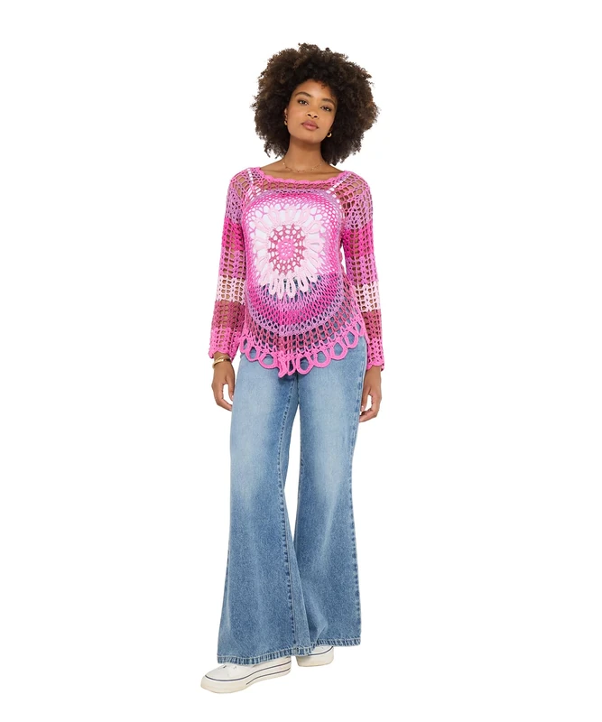 Joe Browns Women's Crochet Long Sleeve Scoop Neck Jumper, Regular, Pink, UK L