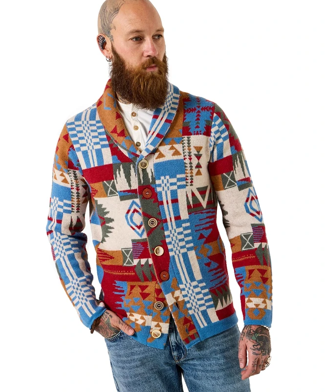 Joe Browns Men's Aztec Patchwork Shawl Neck Cardigan, Regular, Multi, UK S