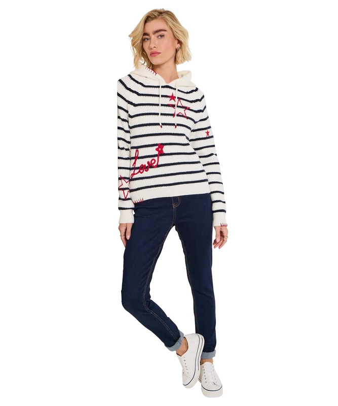 Joe Browns Women's Stripe Knitted Embroidered Hoody, Regular, Cream, UK 8