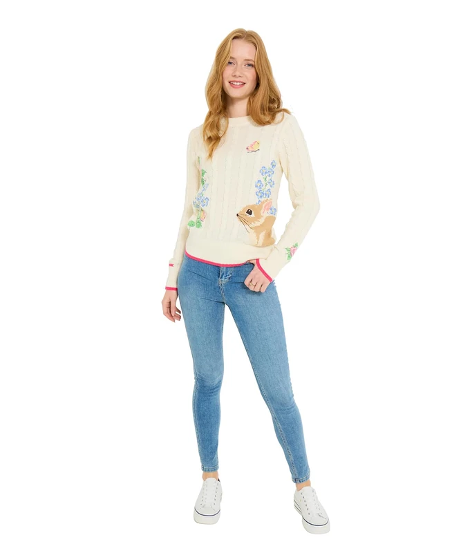 Joe Browns Women's Bunny Floral Embroidered Crew Neck Jumper, Regular, Cream, UK 16