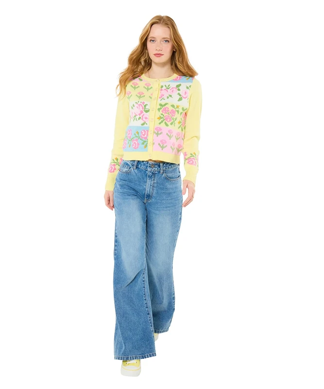 Joe Browns Womens Bold Floral Patchwork Cardigan Sweater, Lemon, 10 UK