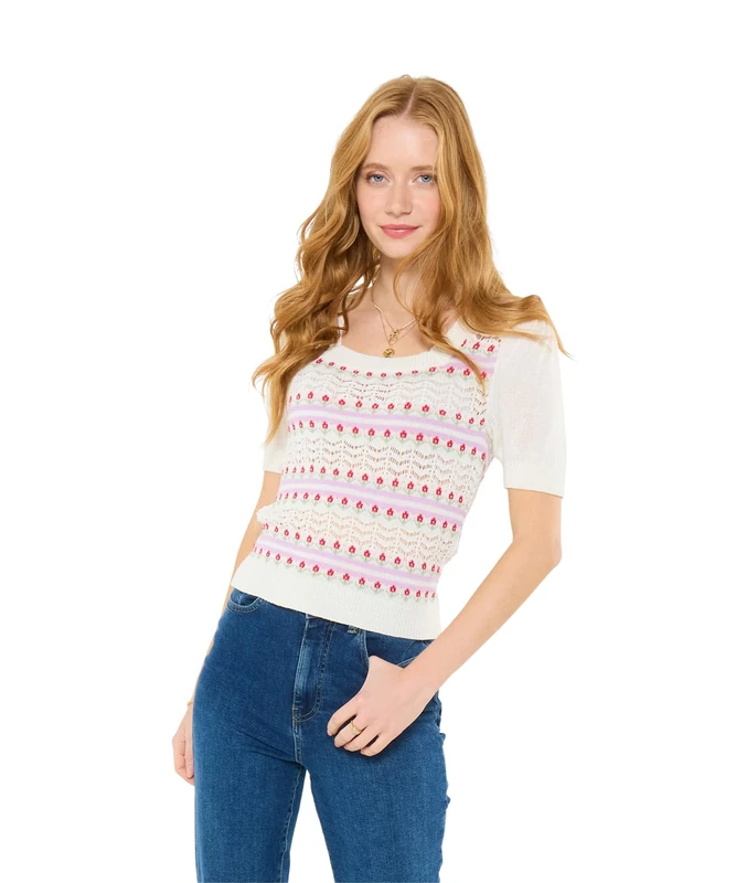 Joe Browns Women's Floral Stripe Square Neck Short Sleeve Jumper, Regular, Cream, UK 18