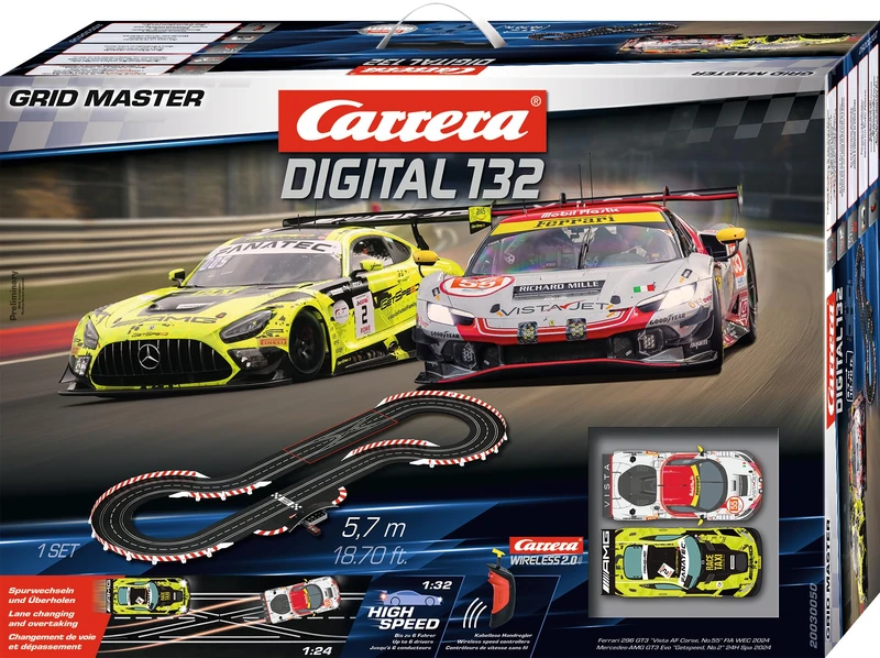 Carrera Digital 132 Grid Masters 1:32 Scale, 5.7 Metres, With Ferrari 296 GT3 Vista AF Corse No.55 and Mercedes-AMG GT3 Evo Getspeed No.2, UK Plug Version