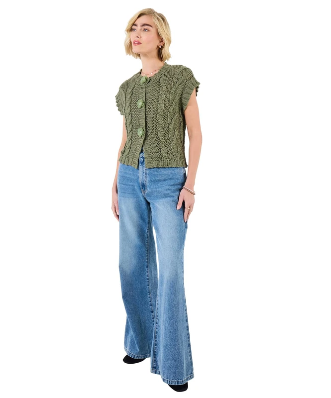 Joe Browns Womens Cable Knit V Neck Sleeveless Cardigan Sweater, Khaki, 22 UK