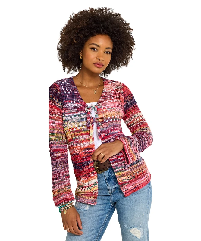 Joe Browns Women's V Neck Tie Front Boho Open Knit Cardigan, Regular, Red, UK XL