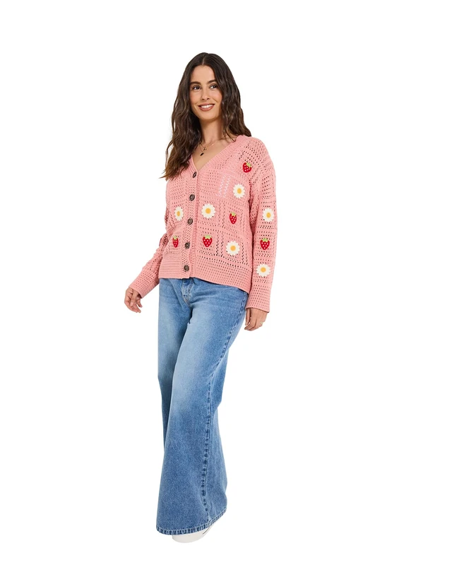 Joe Browns Women's Strawberry and Daisy Embroidered Cardigan, Regular, Pink, UK 12