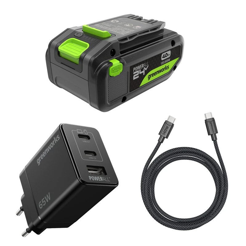 Greenworks 24V 4Ah battery High Power USB-C & 65W USB-C charger & 100w cable, Li-Ion 24V 4.0Ah battery suitable for all 200+ Greenworks 24V devices, 2 year warranty - K2S4BEA