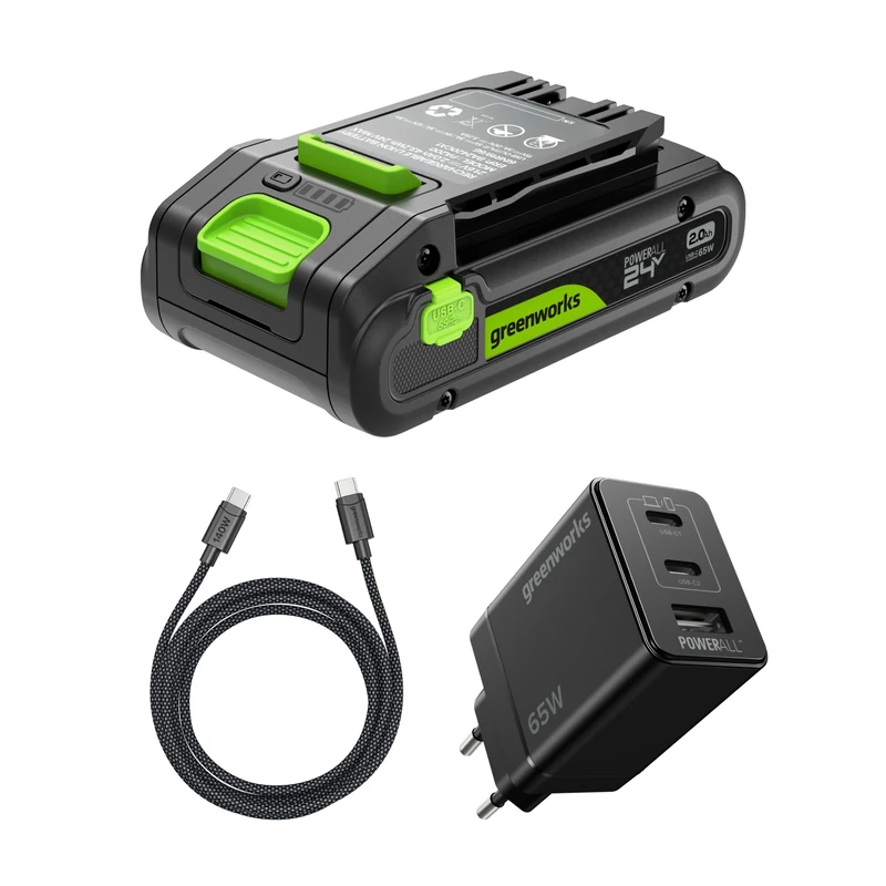 Greenworks 24V 2Ah battery High Power USB-C & 65W USB-C charger & 100w cable, Li-Ion 24V 2.0Ah battery suitable for all 200+ Greenworks 24V devices, 2 year warranty - K2S2BEA