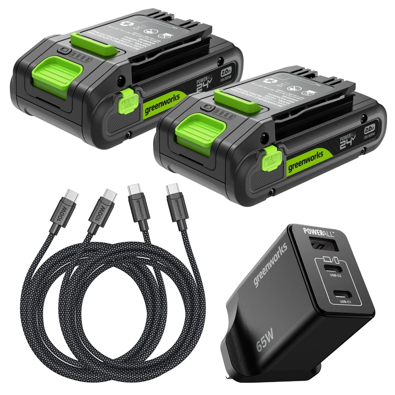Greenworks 2 Pack 24V 2Ah High Power USB-C Battery & 65W USB-C Charger & 100W cable, Li-Ion Battery Suitable for all 200+ Greenworks 24V devices, 2-year warranty - K2D4DEA