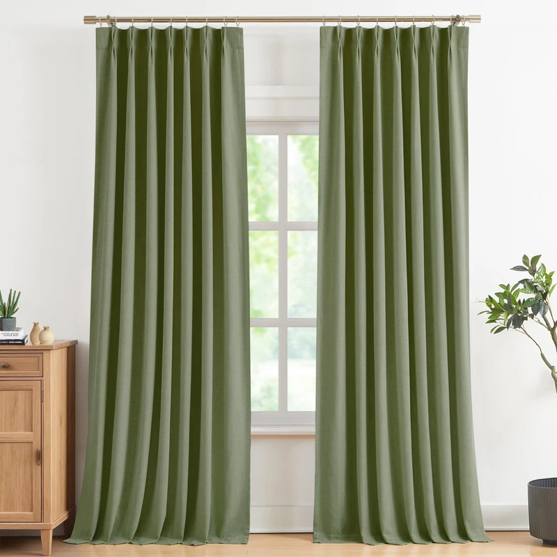 Vision Home Sage Green Pinch Pleated Full Blackout Curtains Linen Blended Room Darkening Curtain Panels 90 inch for Living Room Bedroom Thermal Insulated Pinch Pleat Drapes with Hooks 40" Wx90 Lx2