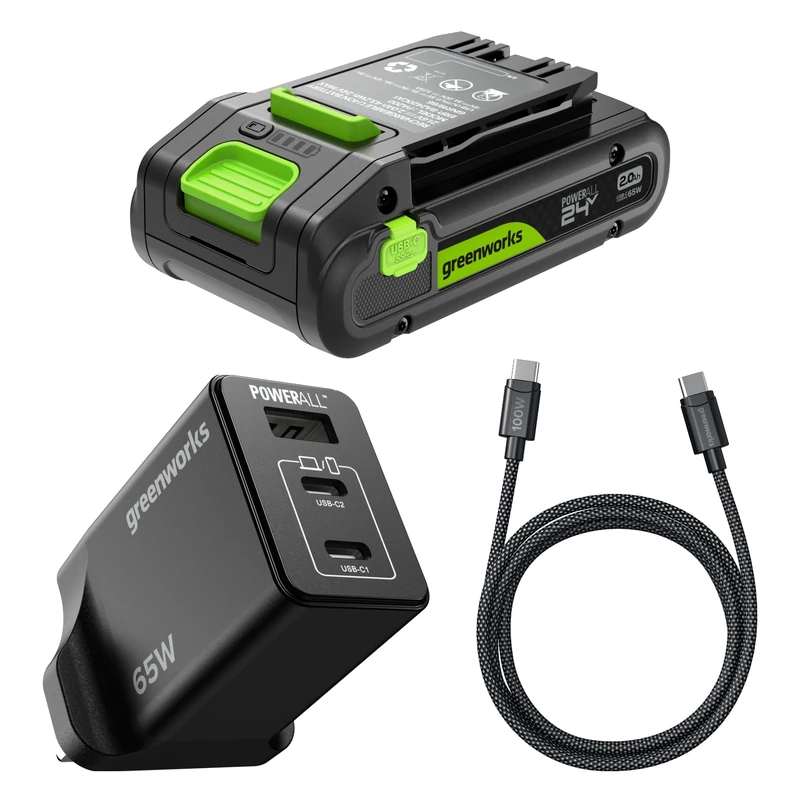 Greenworks 24V 2Ah High Power USB-C Battery & 65W USB-C Charger & 100W cable, Li-Ion Battery Suitable for all 200+ Greenworks 24V devices, 2-year warranty - K2S2BEA