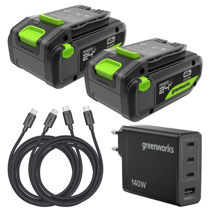 Greenworks K2S4BEA 24V 4Ah Battery High Power USB-C & 65W USB-C Charger & 100W Cable, Li-Ion 24V 4.0Ah Battery Suitable for All 200+ Greenworks 24V Devices