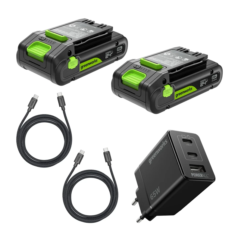 Greenworks 2er Pack 24V 2Ah Battery High Power USB-C & 65W USB-C Charger & 100w Cable, Li-Ion 24V 2.0Ah Battery Suitable for All 200+ Greenworks 24V Devices, 2 Year Warranty - K2D4DEA