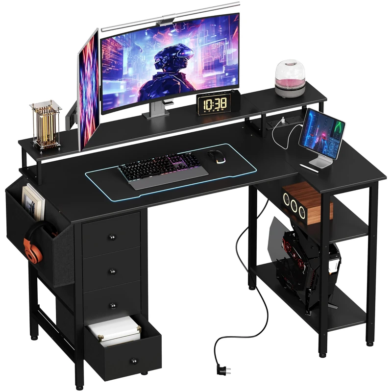 Yaheetech L Shaped Gaming Desk with Drawers, 120x70cm Computer Desk with Power Outlets, Corner Desk with Raised Monitor Stand, Reversible Storage Shelves for Home Office, Black
