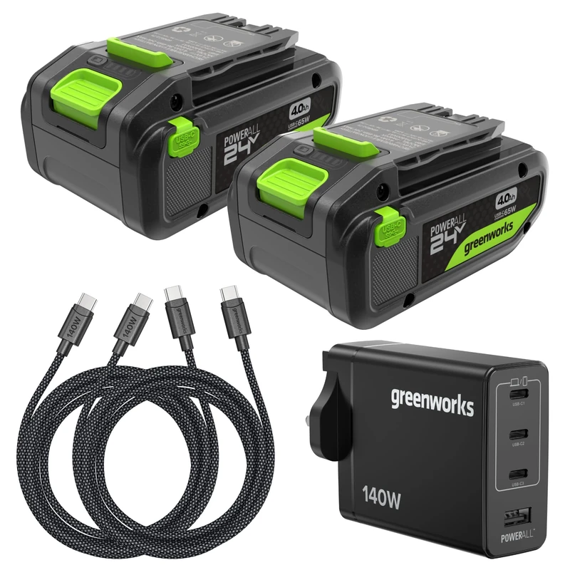 Greenworks 2 Pack 24V 4Ah High Power USB-C Battery & 65W USB-C Charger & 100W cable, Li-Ion Battery Suitable for all 200+ Greenworks 24V devices, 2-year warranty - K2D8DEA