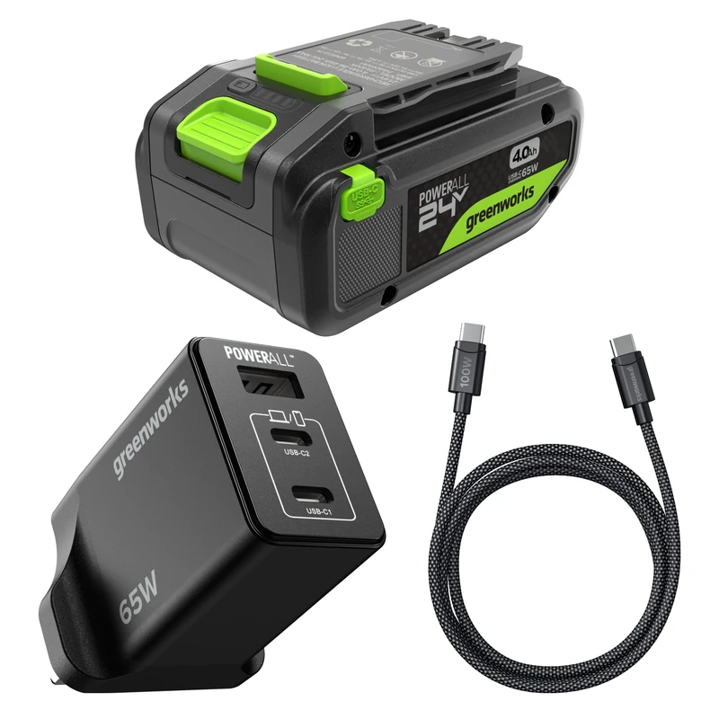 Greenworks 24V 4Ah High Power USB-C Battery & 65W USB-C Charger & 100W cable, Li-Ion Battery Suitable for all 200+ Greenworks 24V devices, 2-year warranty - K2S4BEA