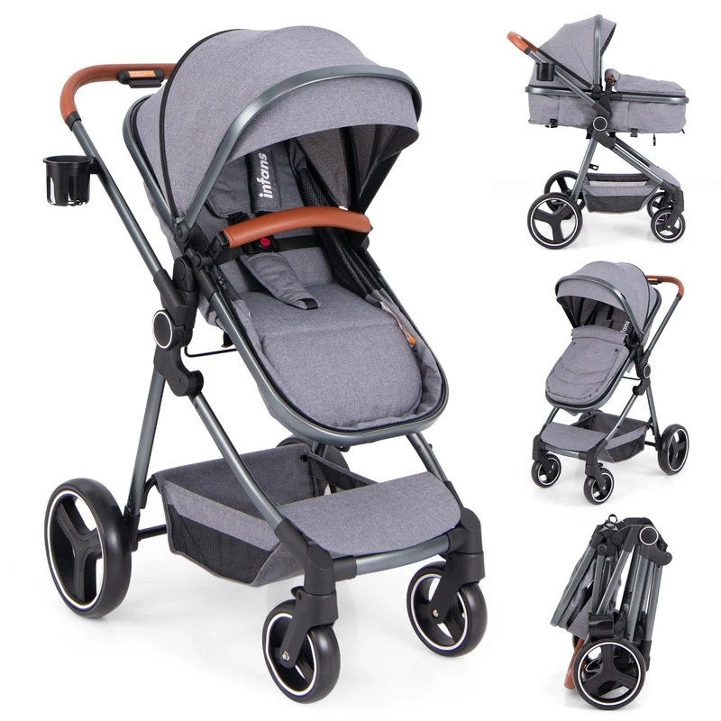 GYMAX Foldable Baby Stroller, All in One Toddler Pushchair with Adjustable Backrest/Canopy and Storage Bag, Portable Convertible Buggy Pram for Newborns (Gray, with footmuff: 89 x 58 x 101 cm)