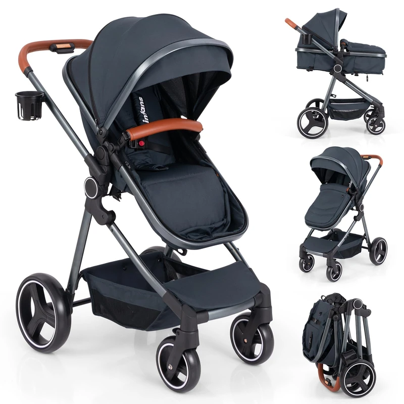 GYMAX Foldable Baby Stroller, All in One Toddler Pushchair with Adjustable Backrest/Canopy and Storage Bag, Portable Convertible Buggy Pram for Newborns (Dark Blue, with footmuff: 89 x 58 x 101 cm)