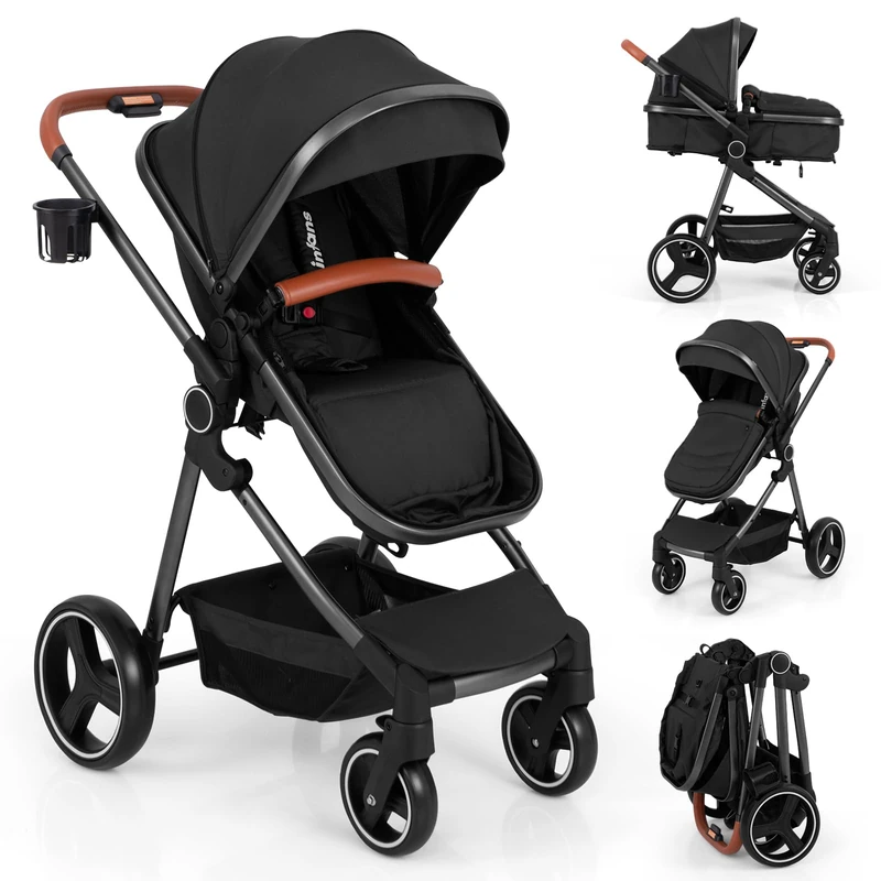 GYMAX Foldable Baby Stroller, All in One Toddler Pushchair with Adjustable Backrest/Canopy and Storage Bag, Portable Convertible Buggy Pram for Newborns (Black, with footmuff: 89 x 58 x 101 cm)