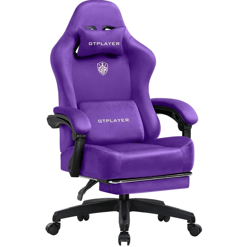 GTPLAYER Fabric Gaming Chair, Ergonomic Computer Chair with Footrest and Lumbar Support Height Adjustable Home Office with 360°-Swivel Seat and Headrest Deep Purple