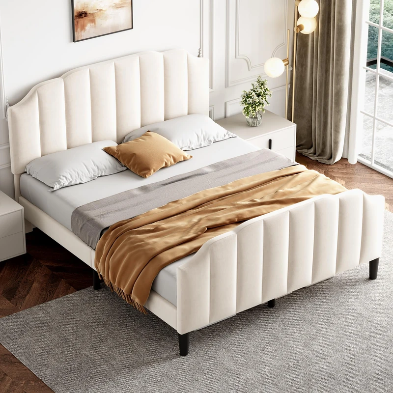 Ball & Cast 4ft6 Double Upholstered Bed Frame with Adjustable Chic Channel-Tufted Headboard, Velvet Platform Bed Frame with Solid Wood Slat and Mute Foam, No Box Spring Needed,Beige