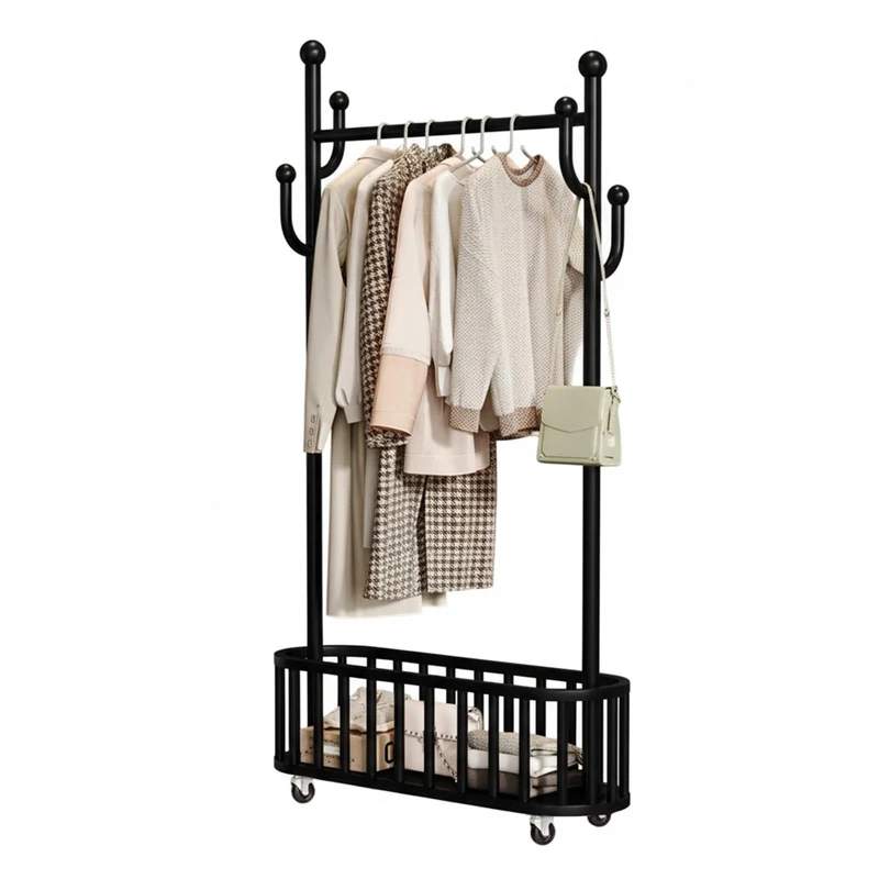 Garvee Portable Metal Clothes Rack with Wheels and Storage Basket - Sturdy Clothes Rack with Shelf and 4 Hooks - Ideal for Bedroom, Laundry and Living Room - Image 1