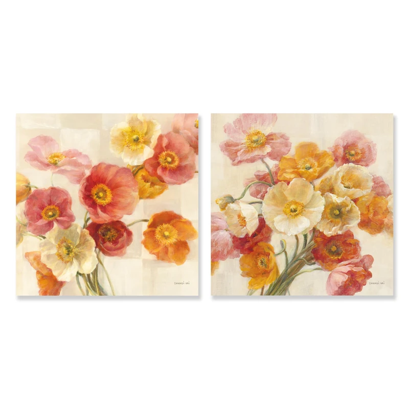Goldfoilart Blush Pink & Sunset Orange Poppy Wall Art for Living Room White Floral Canvas Pictures Modern Paintings Framed Artwork Prints for Bedroom Dining Room Office Wall Decor 24"x24"x2pcs