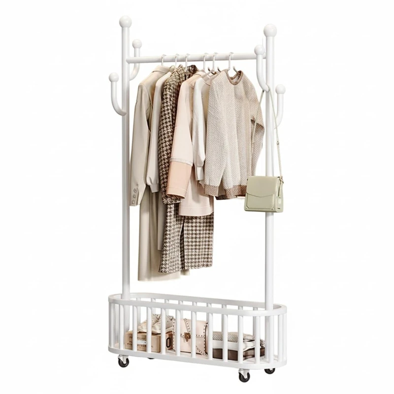 Garvee Portable Metal Clothes Rack with Wheels and Storage Basket - Sturdy Clothes Rack with Shelf and 4 Hooks - Ideal for Bedroom, Laundry and Living Room - Image 1