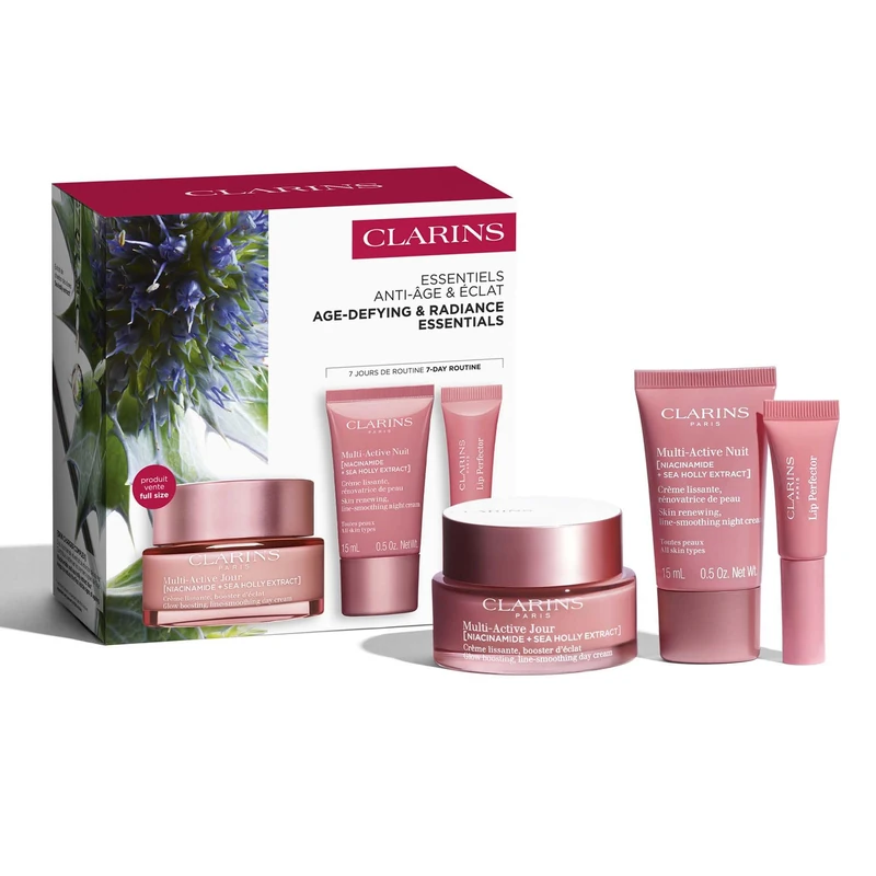 Clarins Age-Defying & Radiance Essentials | Powered by Niacinamide | Smooth Fine Lines, Visibly Tighten Pores and Revives Radiance | Contains Multi-Active Day Cream 50ml | Worth Over £82