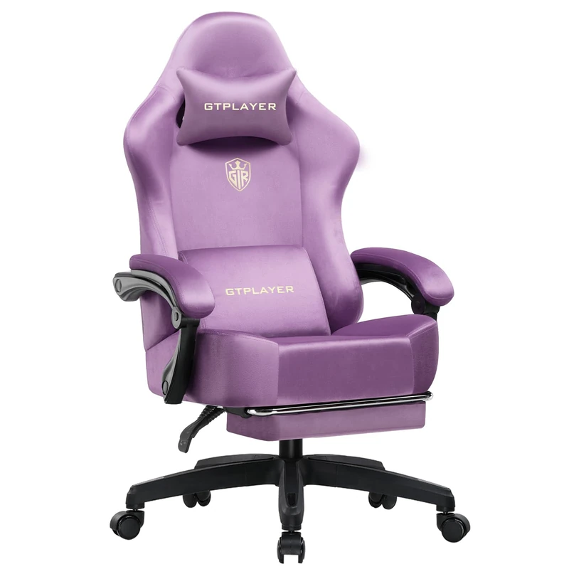 GTPLAYER Fabric Gaming Chair, Ergonomic Computer Chair with Footrest and Lumbar Support Height Adjustable Home Office with 360°-Swivel Seat and Headrest Light Purple