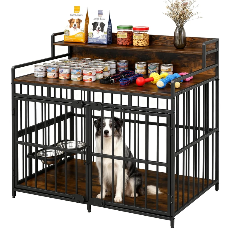 Large Dog Crate Furniture with Storage & 360° Adjustable Feeder - 38 Inch Heavy Duty Wooden & Steel Pet Kennel, Waterproof, Double Door Design, Brown