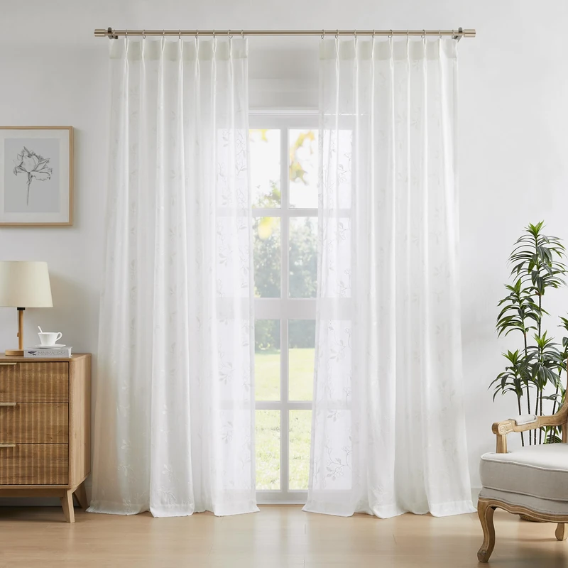 Vision Home White Floral Pinch Pleated Sheer Curtains Embroidered Leaf Patterned Rustic Light Filtering Window Treatment for Living Room Bedroom Pleat Drapes with Back Tab Hooks 40" Wx90 Lx2
