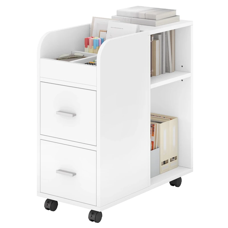 YITAHOME Rolling Container with 2 Drawers, Filing Cabinet with Adjustable Shelf and Storage Compartments, Multifunctional Office Storage Cabinet Side Table for Living Room, Bedroom, Office, White