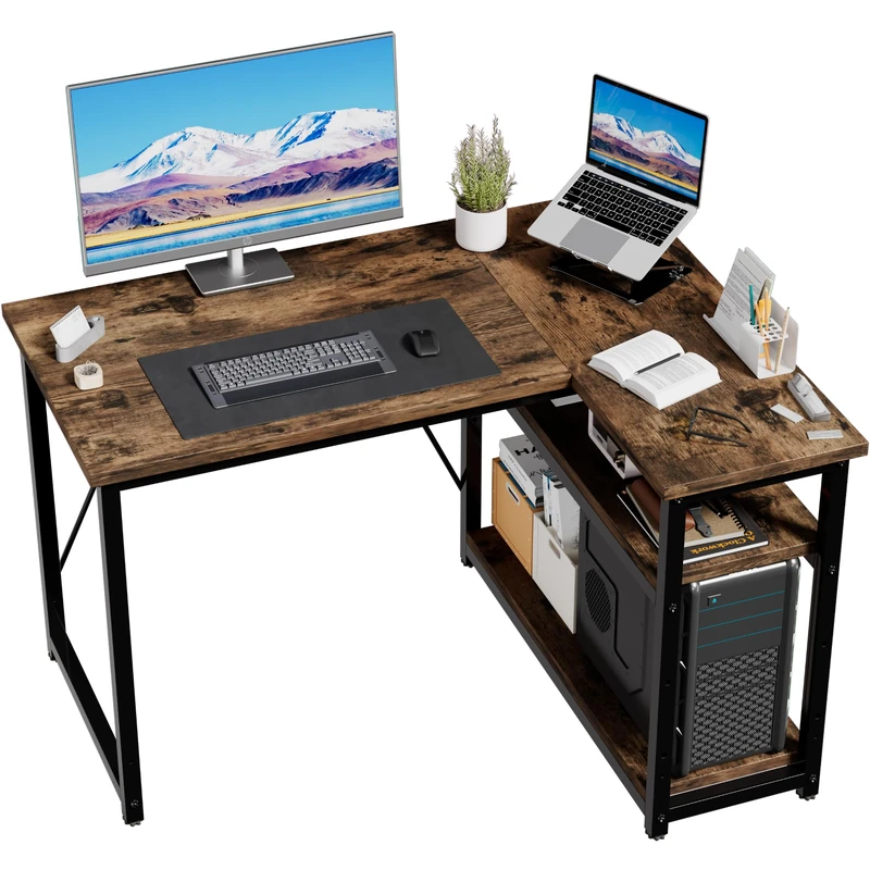 JUMMICO 100x80 cm L-Shaped Computer Desk with Shelves and Dividers - Compact for Study, Work & Gaming, Ideal for Bedroom & Office - Modern & Space-Saving Design, Brown
