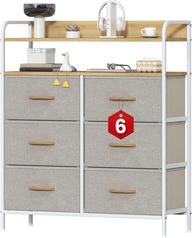 Feonase Chest of Drawers Bedrooms, 6 Drawers Storage Organizer Unit with Metal Frame & Wood Top, Fabric Dresser with Side Pocket, Chest Drawer for Bedroom, Closet, Hallway, Living Room (Beige)