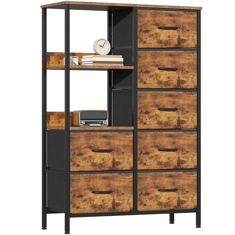 Feonase Chest of Drawers Bedroom, Fabric Dresser with 7 Drawers, Storage Dresser with 2 Open Shelves, Tall Storage Organizer Unit with Steel Frame, for Bedroom, Living Room, Hallway, Natural Wood