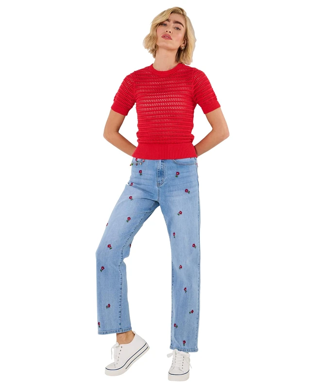 Joe Browns Women's Slim Straight Fit Floral Embroidered Jeans, Regular, Blue, UK 14