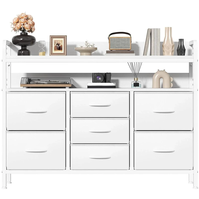 Feonase Chest of Drawers Bedroom, Fabric Dresser with 7 Drawers, Storage Dresser with 2 Layer Shelves, Tall Storage Organizer Unit with Steel Frame, for Bedroom, Living Room, Hallway, White