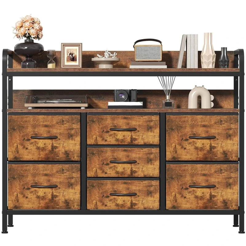 Feonase Chest of Drawers Bedroom, Fabric Dresser with 7 Drawers, Storage Dresser with 2 Layer Shelves, Tall Storage Organizer Unit with Steel Frame, for Bedroom, Living Room, Hallway, Natural Wood