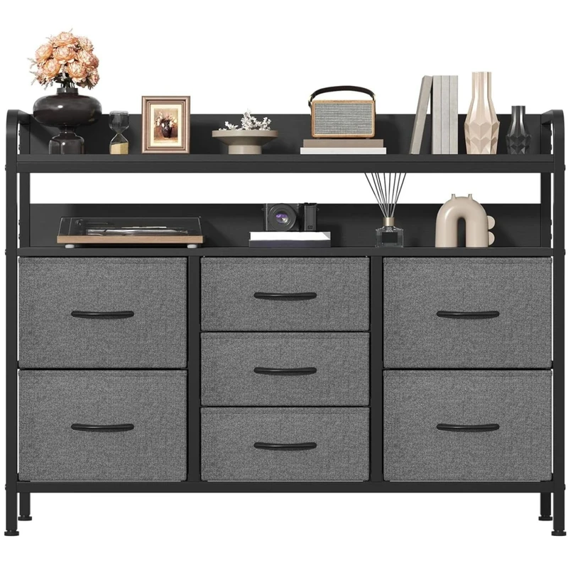 Feonase Chest of Drawers Bedroom, Fabric Dresser with 7 Drawers, Storage Dresser with 2 Layer Shelves, Tall Storage Organizer Unit with Steel Frame, for Bedroom, Living Room, Hallway, Dark Gray