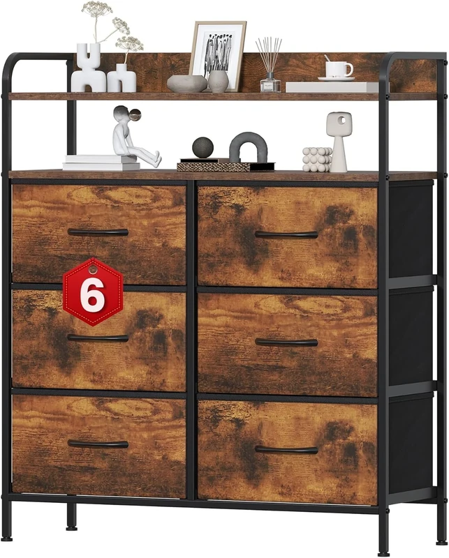 Feonase Chest of Drawers Bedrooms, 6 Drawers Storage Organizer Unit with Metal Frame & Wood Top, Fabric Dresser with Side Pocket, Chest Drawer for Bedroom, Closet, Hallway, Living Room (Brown)