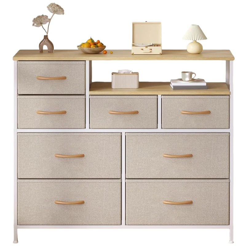 Feonase Chest of Drawers Bedroom, Fabric Dresser with 8 Drawers, Storage Dresser with 2 Layer Shelves, Tall Storage Organizer Unit with Steel Frame, for Bedroom, Living Room, Hallway, Beige